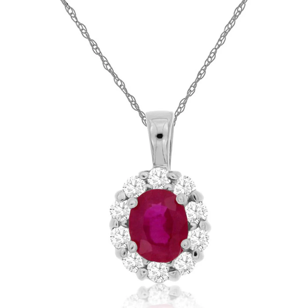 14K White Gold Halo Pendant with Oval-Cut Ruby and Round-Cut Diamond Accents - 0.60 Carat Total Gem Weight - Royal Jewelry