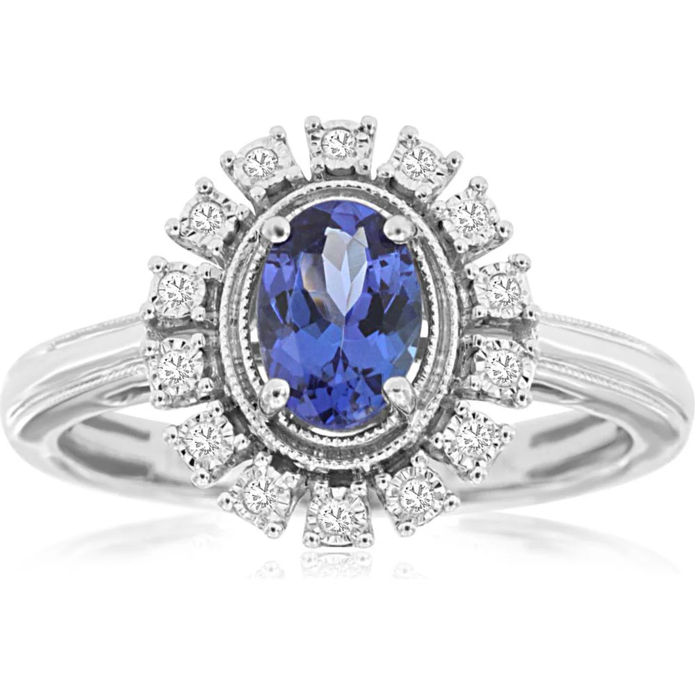 14K White Gold Halo Ring with 0.84 Carat Oval Tanzanite and 0.07 Carat Round Diamond Accents - Royal Jewelry
