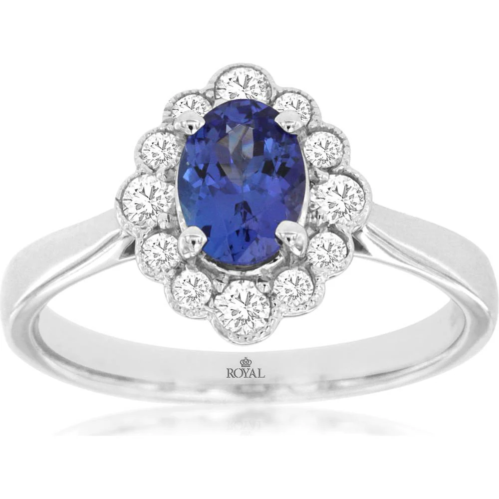 14K White Gold Halo Ring with 0.84 Carat Oval Tanzanite and 0.35 Carat Round Diamond Scalloped Setting - Royal Jewelry