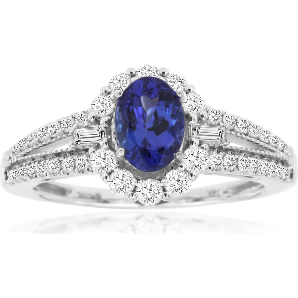 14K White Gold Halo Ring with 0.84 Carat Oval Tanzanite and 0.56 Carat Diamond Accents Including Baguette and Round Cut Stones - Royal Jewelry