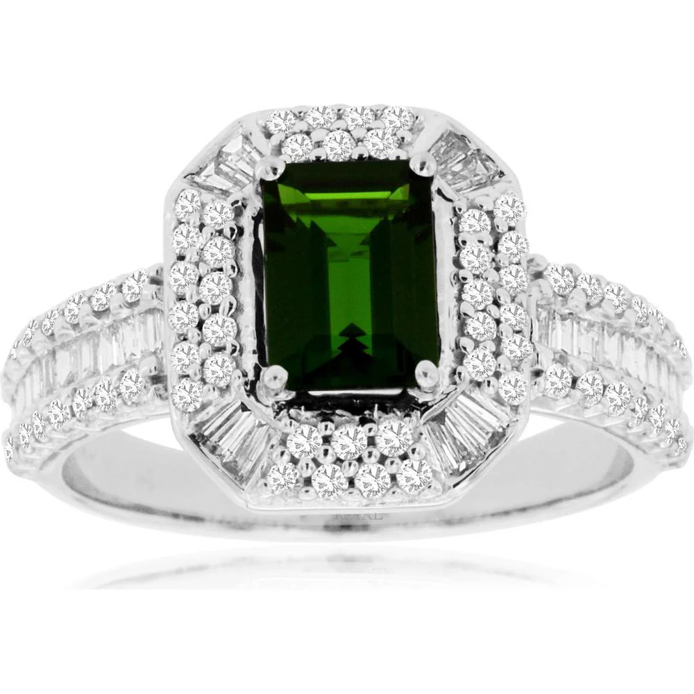 14K White Gold Halo Ring with 1.00 Carat Emerald Cut Russalite and 0.78 Carat Round & Baguette Diamonds - Royal Jewelry