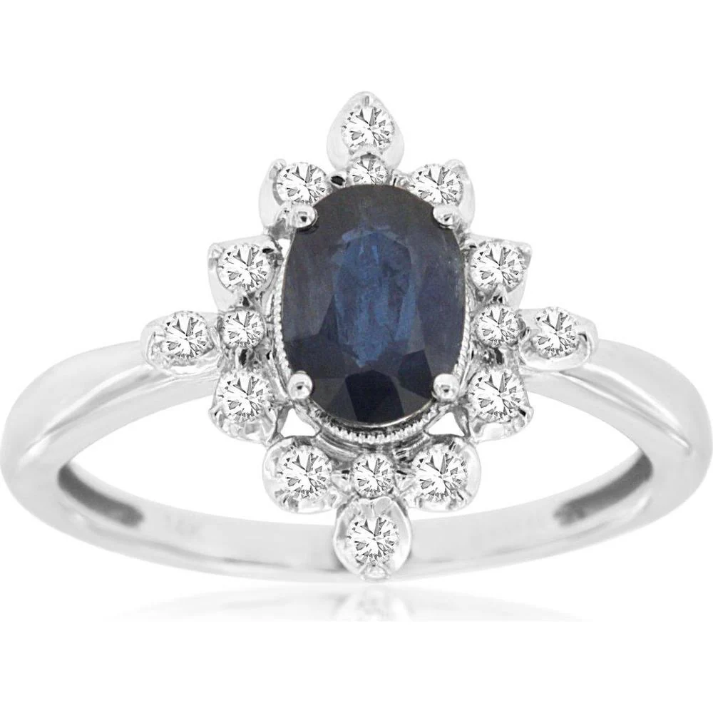 14K White Gold Halo Ring with 1.00 Carat Oval Sapphire and 0.25 Carat Diamond Floral Milgrain Accents - Royal Jewelry