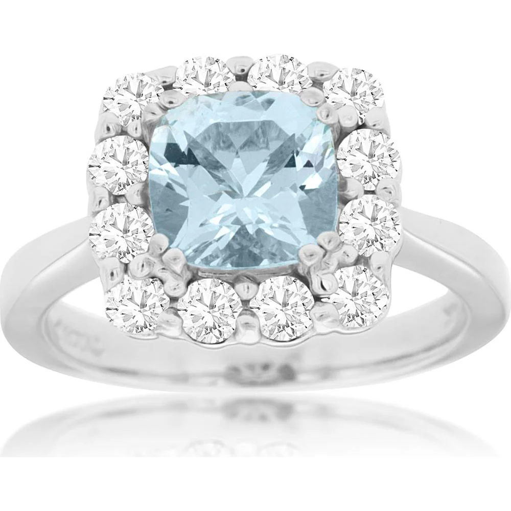 14K White Gold Halo Ring with 1.35 Carat Cushion Cut Aquamarine and 0.72 Carat Round Diamond Accents - Royal Jewelry