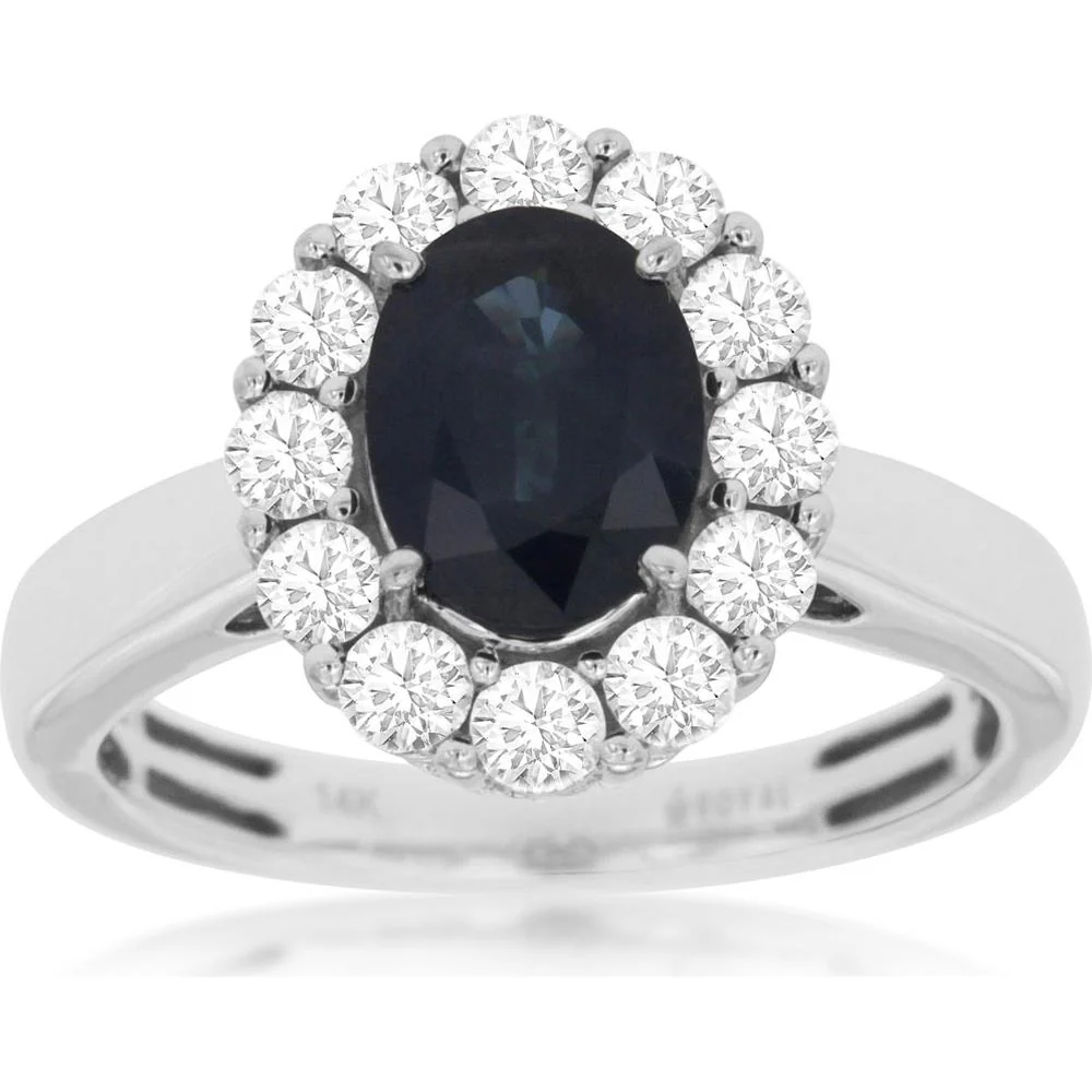 14K White Gold Halo Ring with 1.47 Carat Oval Cut Sapphire and 0.75 Carat Round Diamond Accents - Royal Jewelry