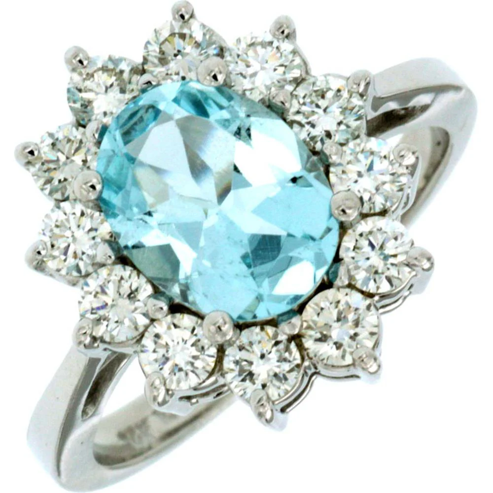 14K White Gold Halo Ring with 1.50 Carat Oval Aquamarine and 1.00 Carat Round Diamonds - Royal Jewelry