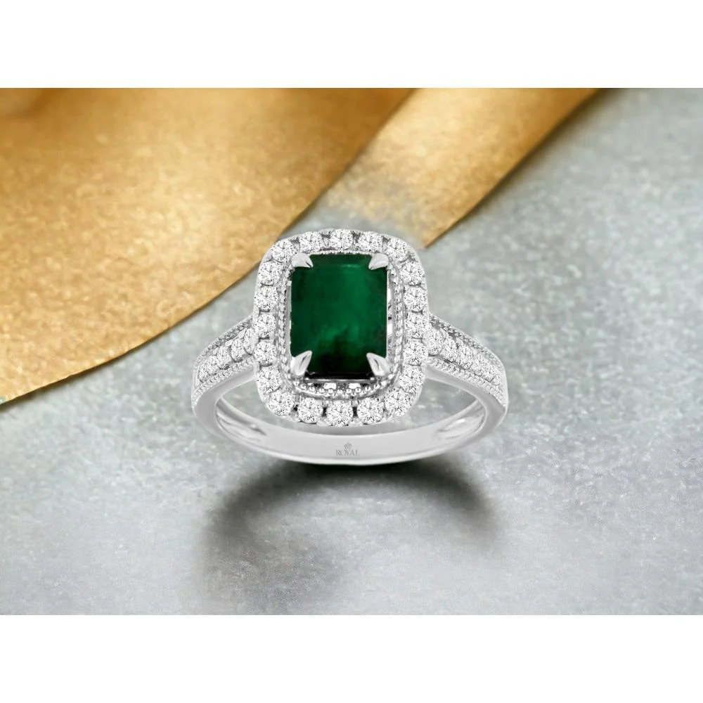 14K White Gold Halo Ring with 1.60 Carat Emerald and 0.52 Carat Round Diamonds in Split Shank Vintage Milgrain Design - Royal Jewelry - Image 2