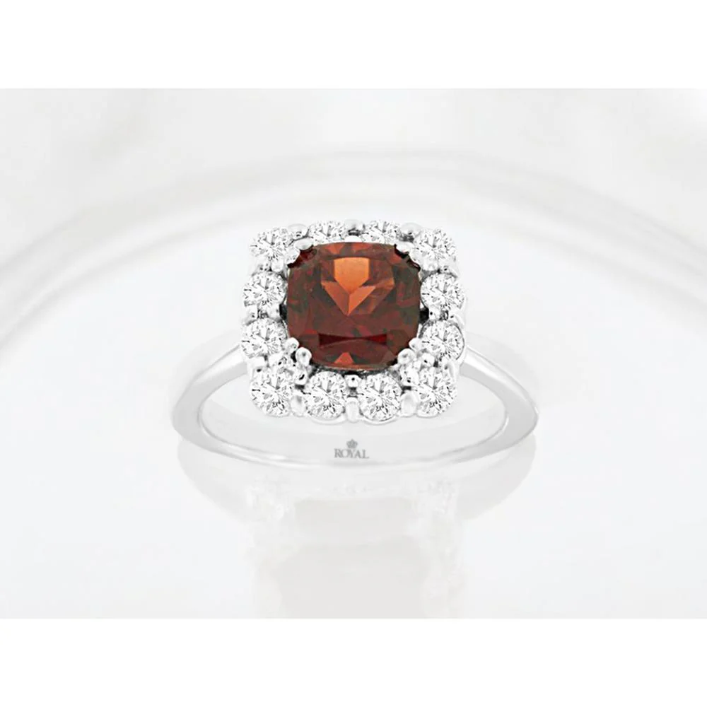 14K White Gold Halo Ring with 1.65 Carat Cushion Cut Garnet and 0.72 Carat Round Diamond Accents - Royal Jewelry - Image 2