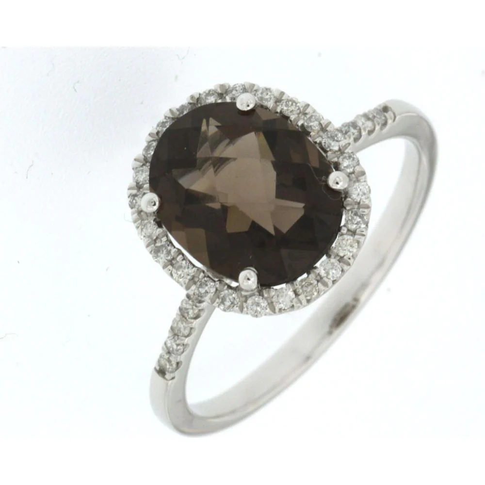14K White Gold Halo Ring with 2.40 Carat Oval Smoky Quartz and 0.21 Carat Round Diamond Accents - Royal Jewelry