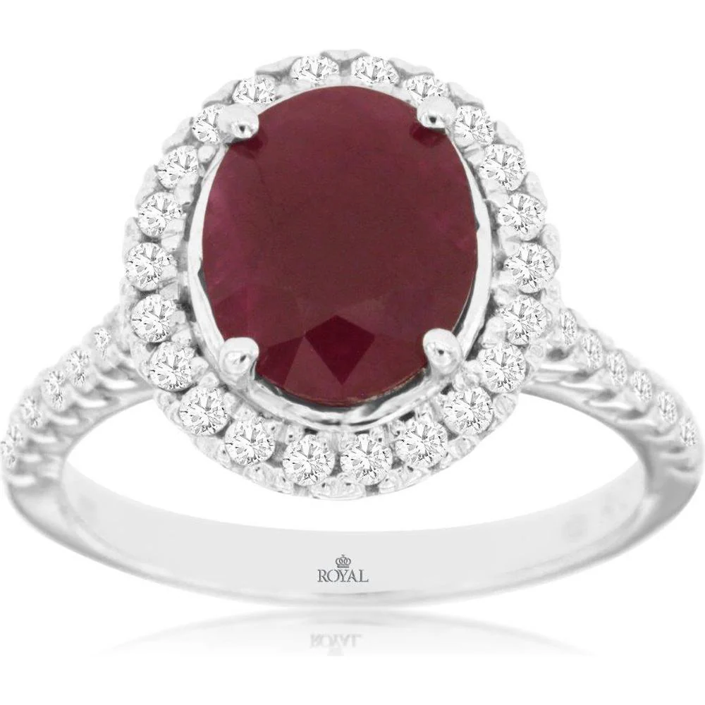 14K White Gold Halo Ring with 3.10 Carat Oval Ruby and 0.60 Carat Total Diamond Accent - Royal Jewelry