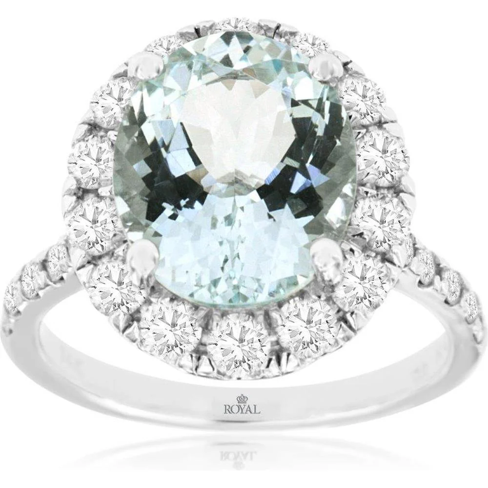 14K White Gold Halo Ring with 4.00 Carat Aquamarine and 1.25 Carat Round Diamonds - Royal Jewelry