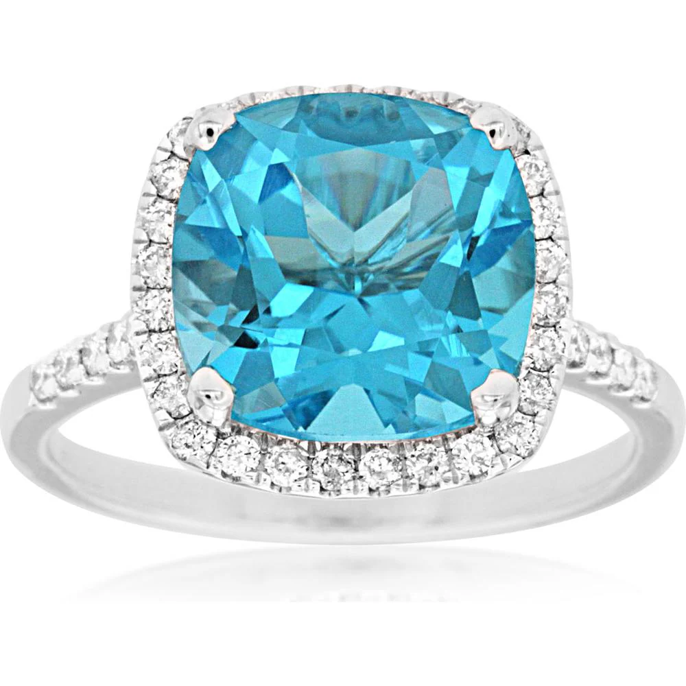 14K White Gold Halo Ring with 4.90 Carat Cushion Cut Blue Topaz and 0.30 Carat Diamonds - Royal Jewelry