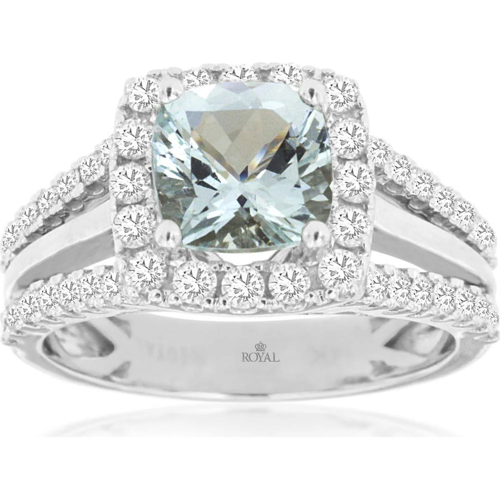 14K White Gold Halo Ring with Cushion Cut Aquamarine and Accent Diamonds - 0.89 Carat Total Diamond Weight & 1.35 Carat Aquamarine - Royal Jewelry