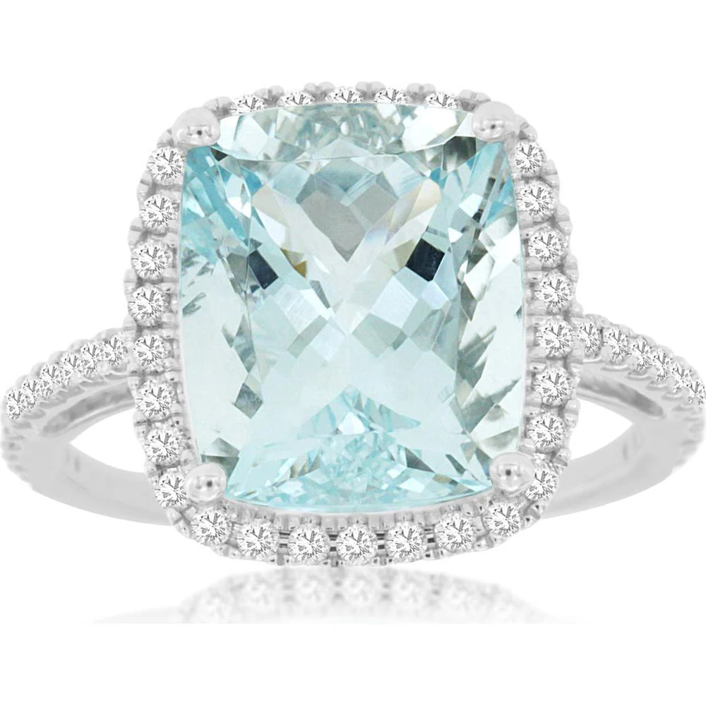 14K White Gold Halo Ring with Cushion Cut Aquamarine and Diamond Accents - 5.30 Carat Aquamarine & 0.38 Carat Total Diamond Weight - Royal Jewelry