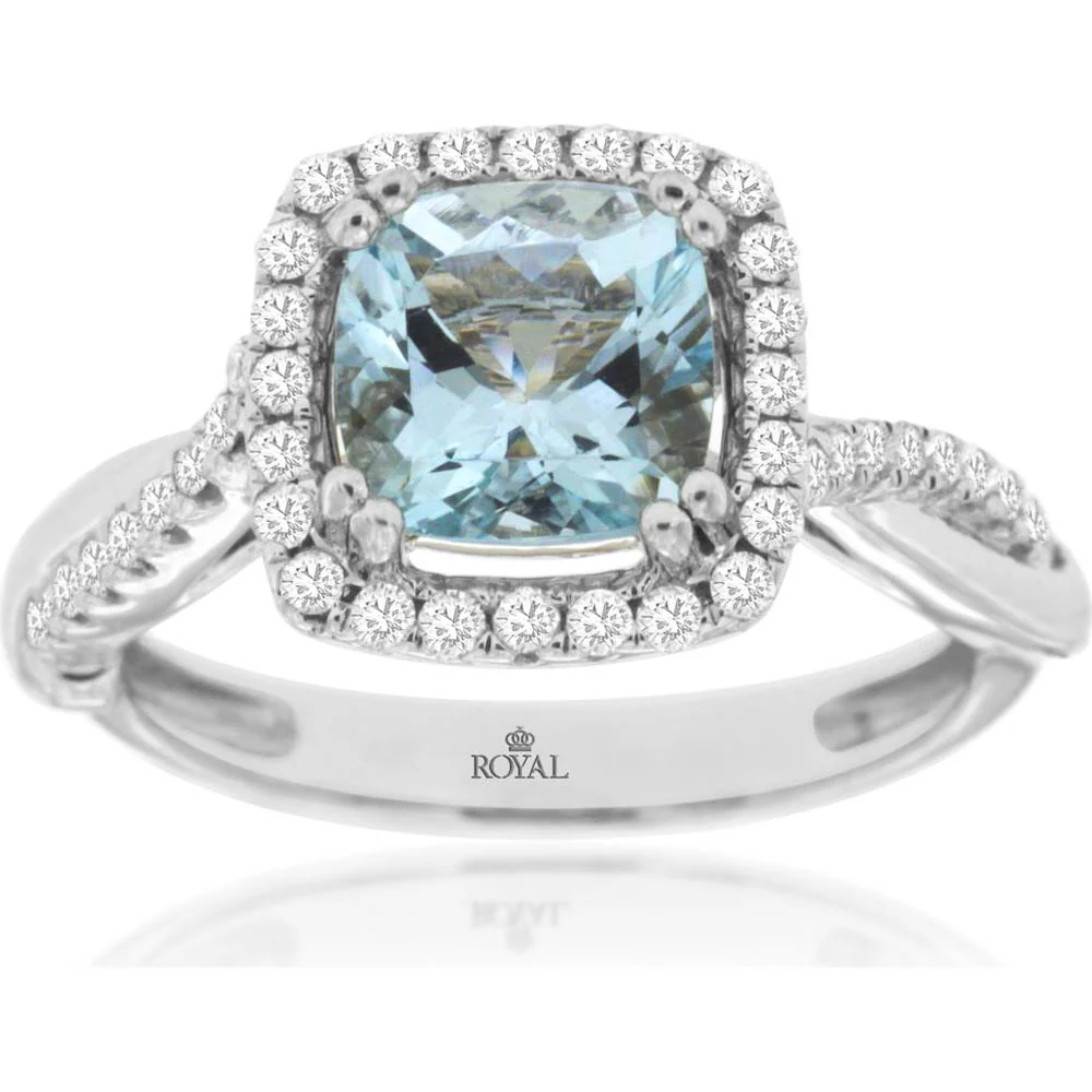 14K White Gold Halo Ring with Cushion Cut Aquamarine and Round Diamond Twisted Shank - 1.36 Carat Aquamarine, 0.36 Carat Diamond Total Weight - Royal Jewelry