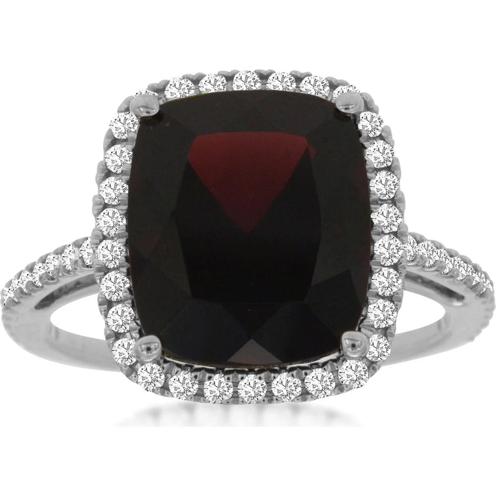 14K White Gold Halo Ring with Elongated Cushion Cut Garnet and Round Diamonds - 5.88 Carat Total Gem Weight - Royal Jewelry
