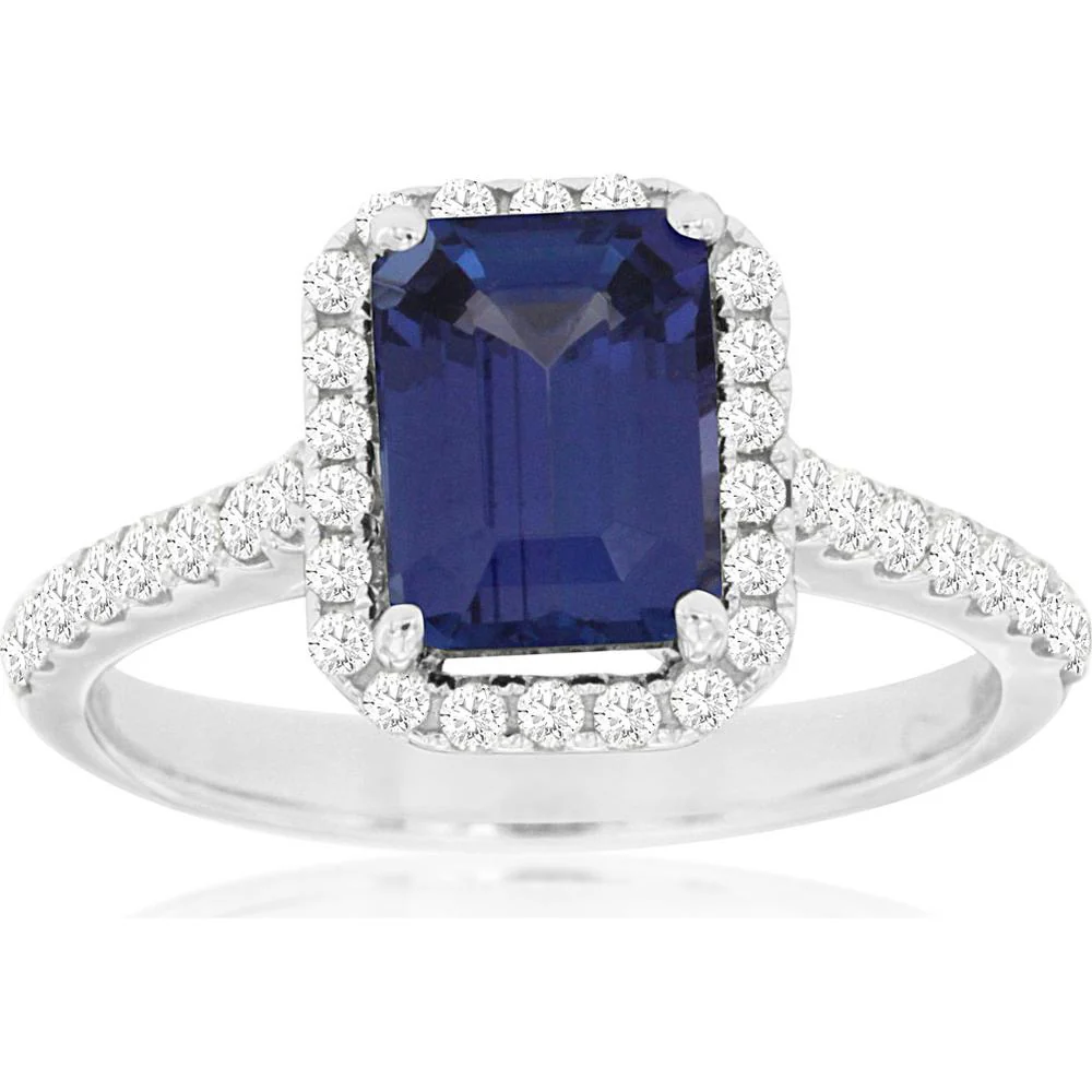 14K White Gold Halo Ring with Emerald Cut Tanzanite and Round Diamonds - 1.60 Carat Tanzanite and 0.45 Carat Total Diamond Weight - Royal Jewelry