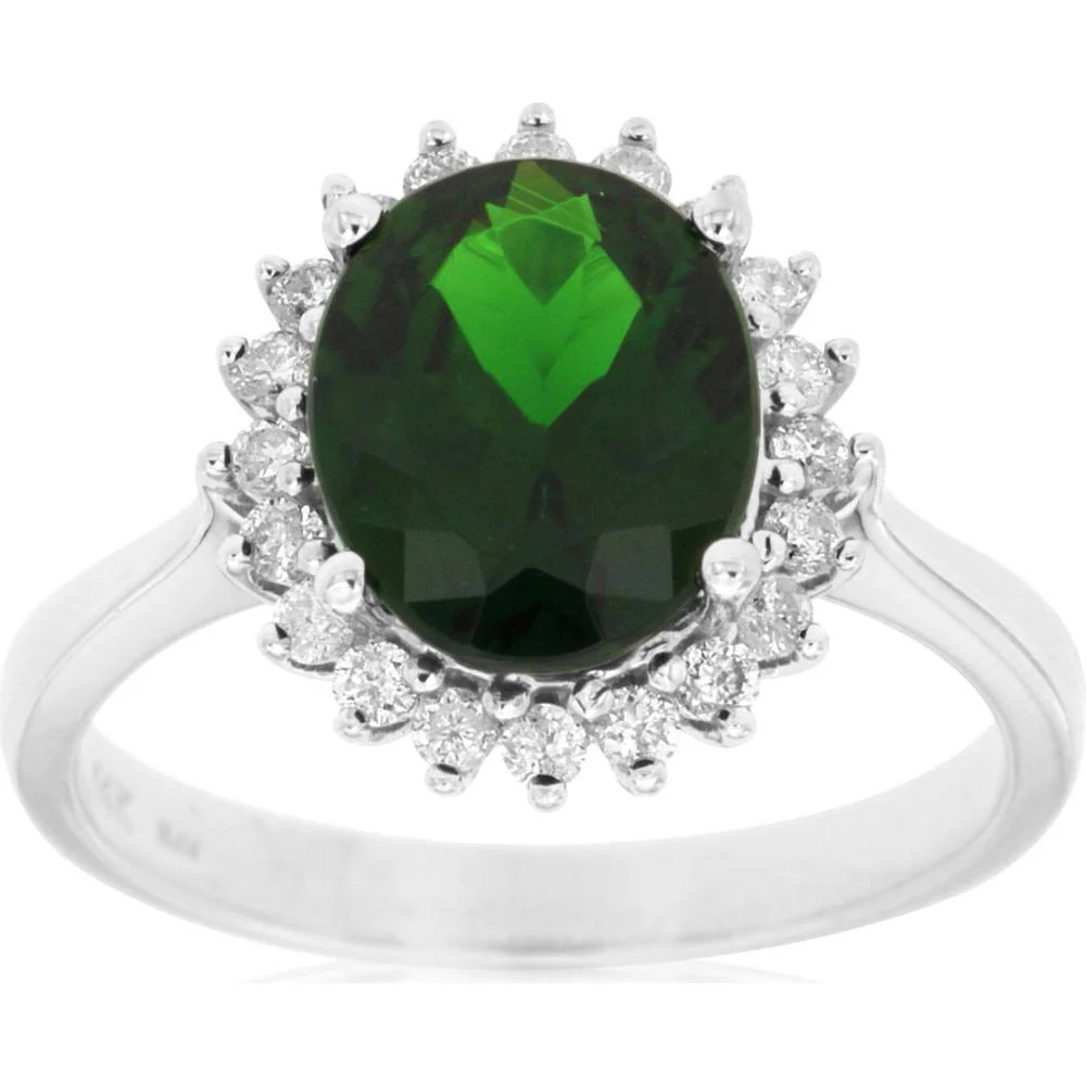 14K White Gold Halo Ring with Oval Cut 2.60 Carat Russalite and 0.36 Carat Diamond Accents - Royal Jewelry