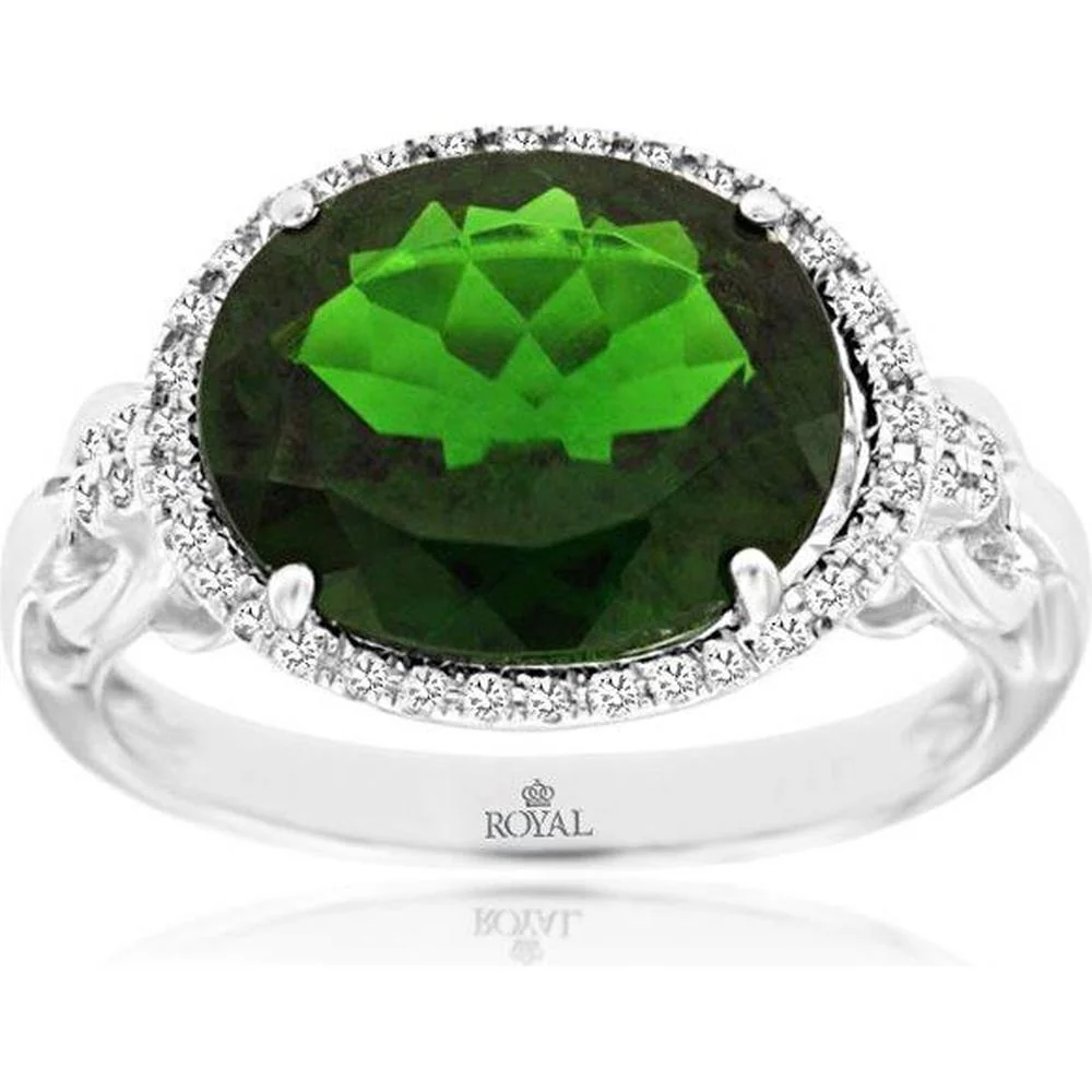14K White Gold Halo Ring with Oval Cut Russalite and Round Diamond Accents - 4.43 Total Carat Weight - Royal Jewelry