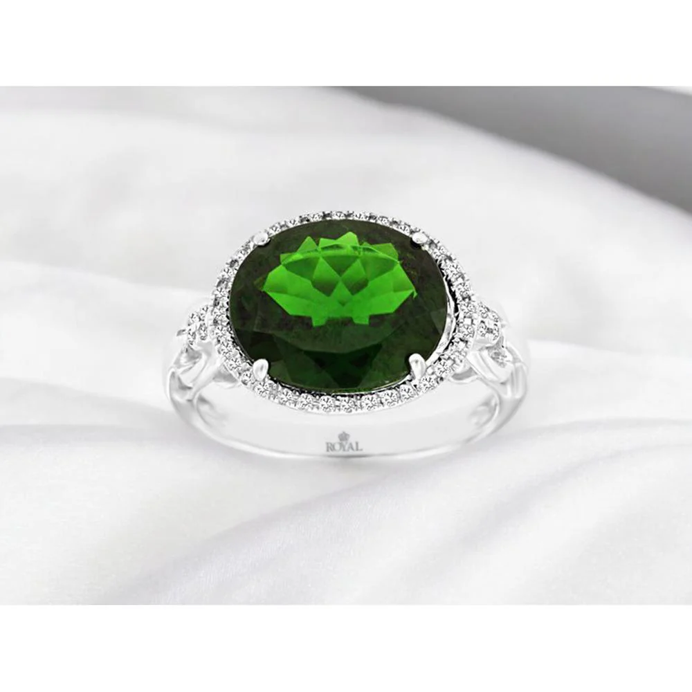14K White Gold Halo Ring with Oval Cut Russalite and Round Diamond Accents - 4.43 Total Carat Weight - Royal Jewelry - Image 2