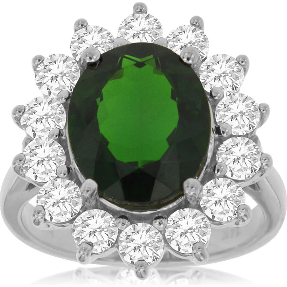 14K White Gold Halo Ring with Oval Cut Russalite and Round Diamonds - 4.25 Carat Russalite and 1.90 Carat Total Diamond Weight - Royal Jewelry