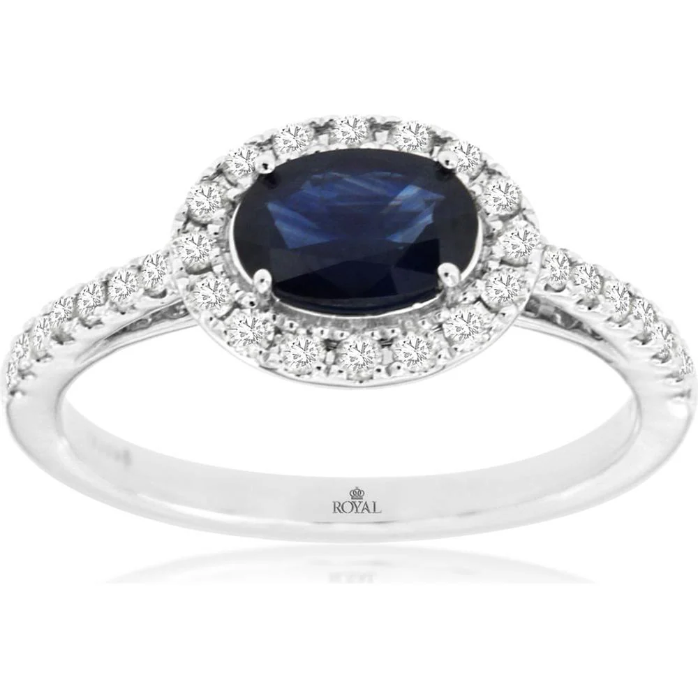 14K White Gold Halo Ring with Oval Sapphire and Round Diamond Accent Stones - 1.33 Carat Total Gem Weight - Royal Jewelry