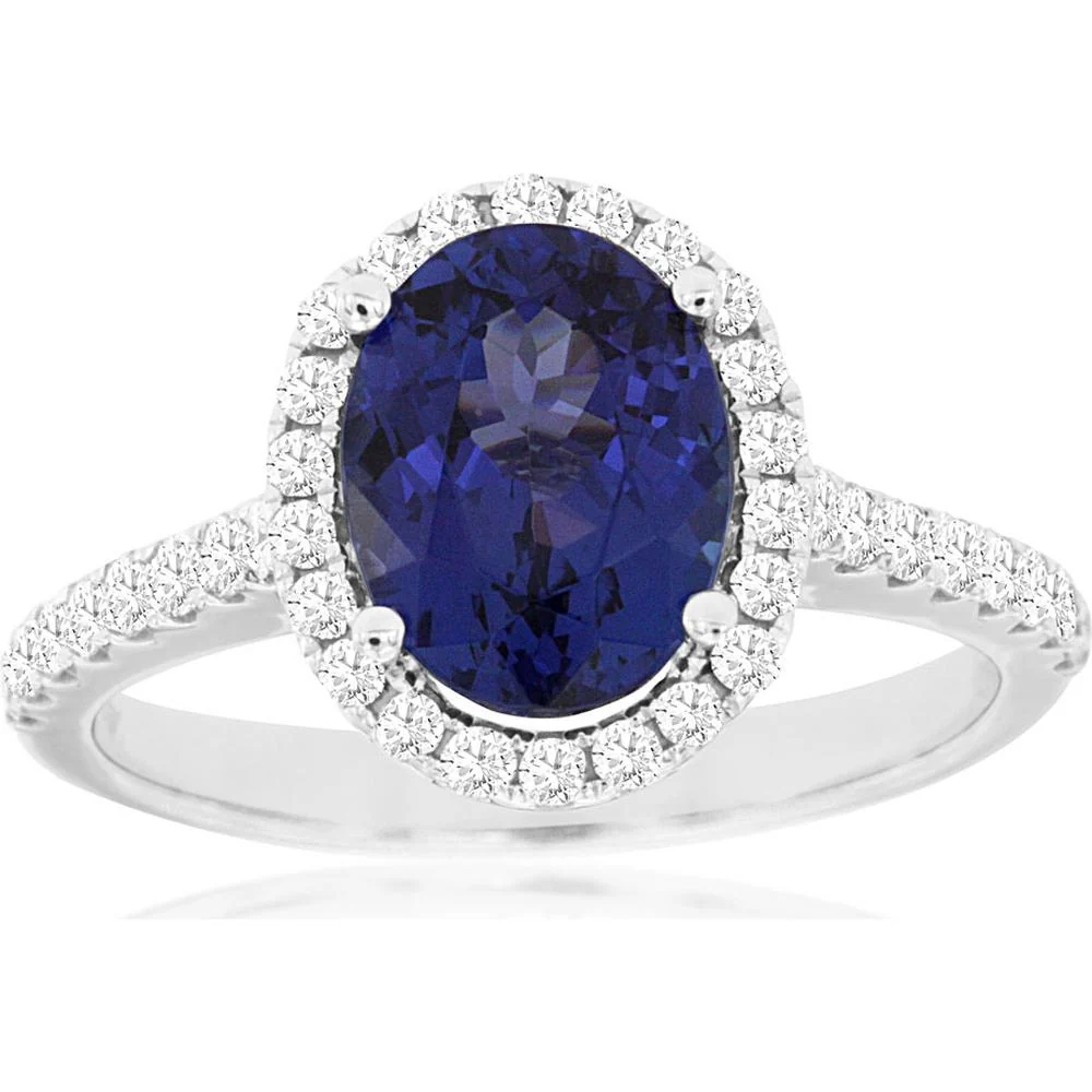 14K White Gold Halo Ring with Oval Tanzanite and Round Diamonds - 2.44 Carat Total Gem Weight - Royal Jewelry