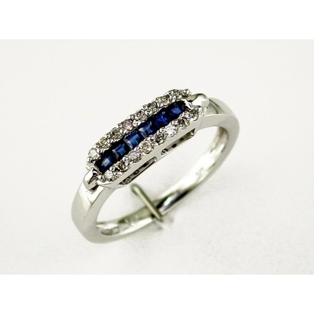14K White Gold Halo Ring with Princess Cut Blue Sapphires and Round Diamonds - 0.30 Carat Sapphire Total Weight, 0.15 Carat Diamond Total Weight - Royal Jewelry