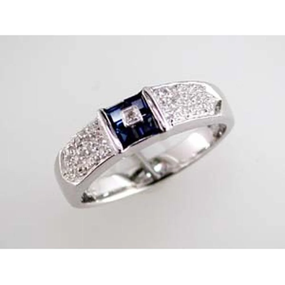 14K White Gold Halo Ring with Princess Cut Sapphire Center and Round Diamond Accents - 0.24 Carat Sapphire, 0.16 Carat Diamond Total Weight - Royal Jewelry