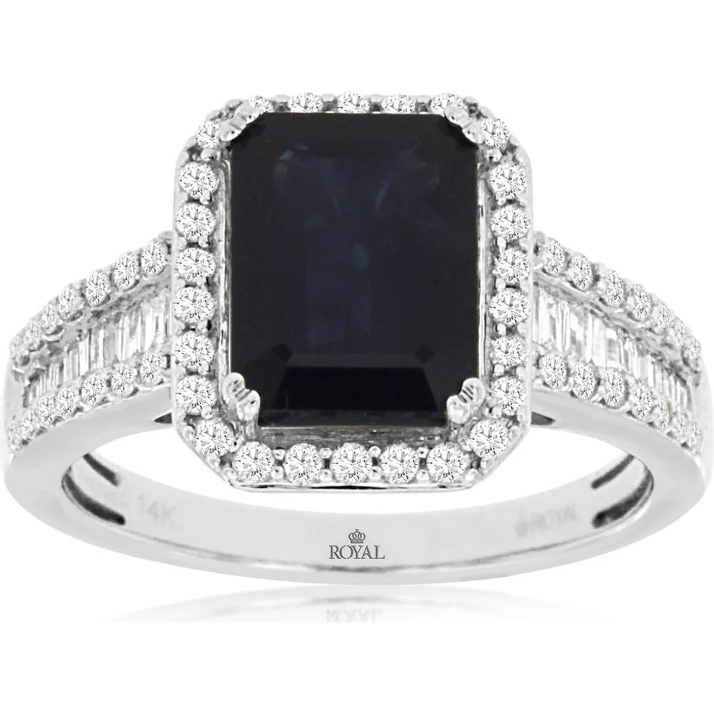 14K White Gold Halo Ring with Rectangular Sapphire and Split Shank Round and Baguette Diamonds - 2.75 Carat Sapphire and 1.00 Carat Total Diamond Weight - Royal Jewelry