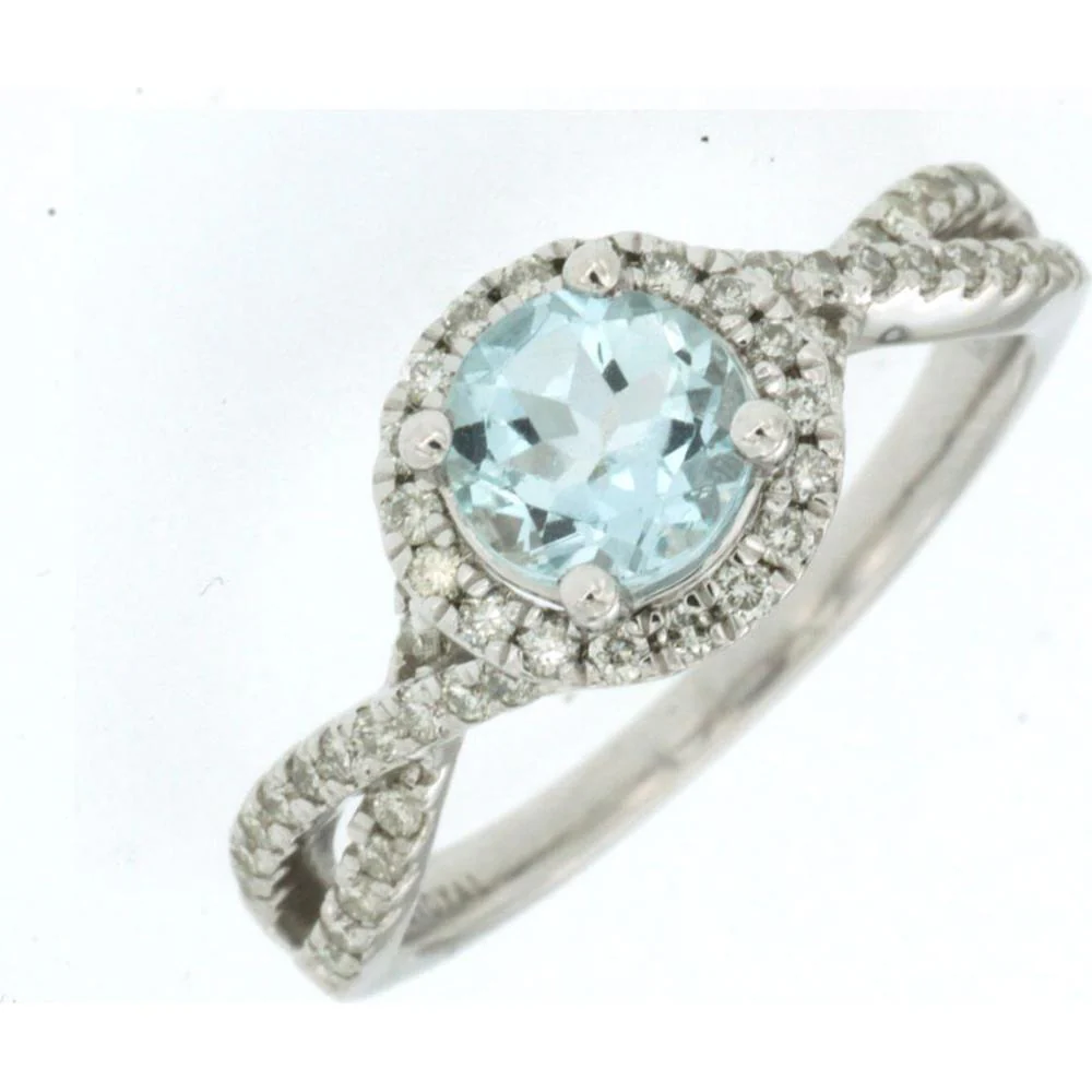 14K White Gold Halo Ring with Round Aquamarine and Diamond Accents - 0.75 Carat Aquamarine & 0.30 Carat Total Diamond Weight - Royal Jewelry