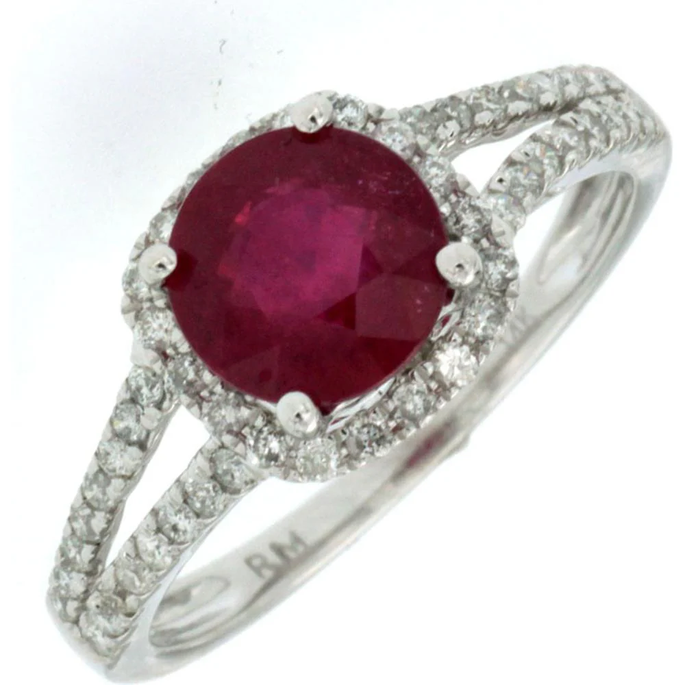 14K White Gold Halo Ring with Round Glass Filled Ruby and 0.36 Carat Total Diamond Accents - 1.60 Carat Ruby Center Stone - Royal Jewelry