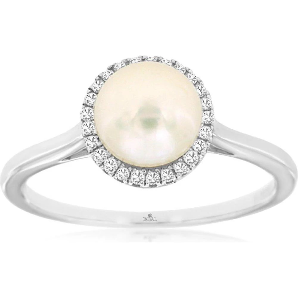 14K White Gold Halo Ring with Round Pearl and Round Diamonds - 0.08 Carat Total Diamond Weight - Royal Jewelry