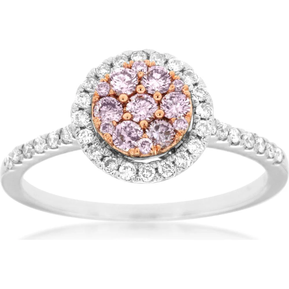 14K White Gold Halo Ring with Round Pink Diamond Cluster (0.28 Carats) and Round White Diamond Halo (0.22 Carats) - Royal Jewelry