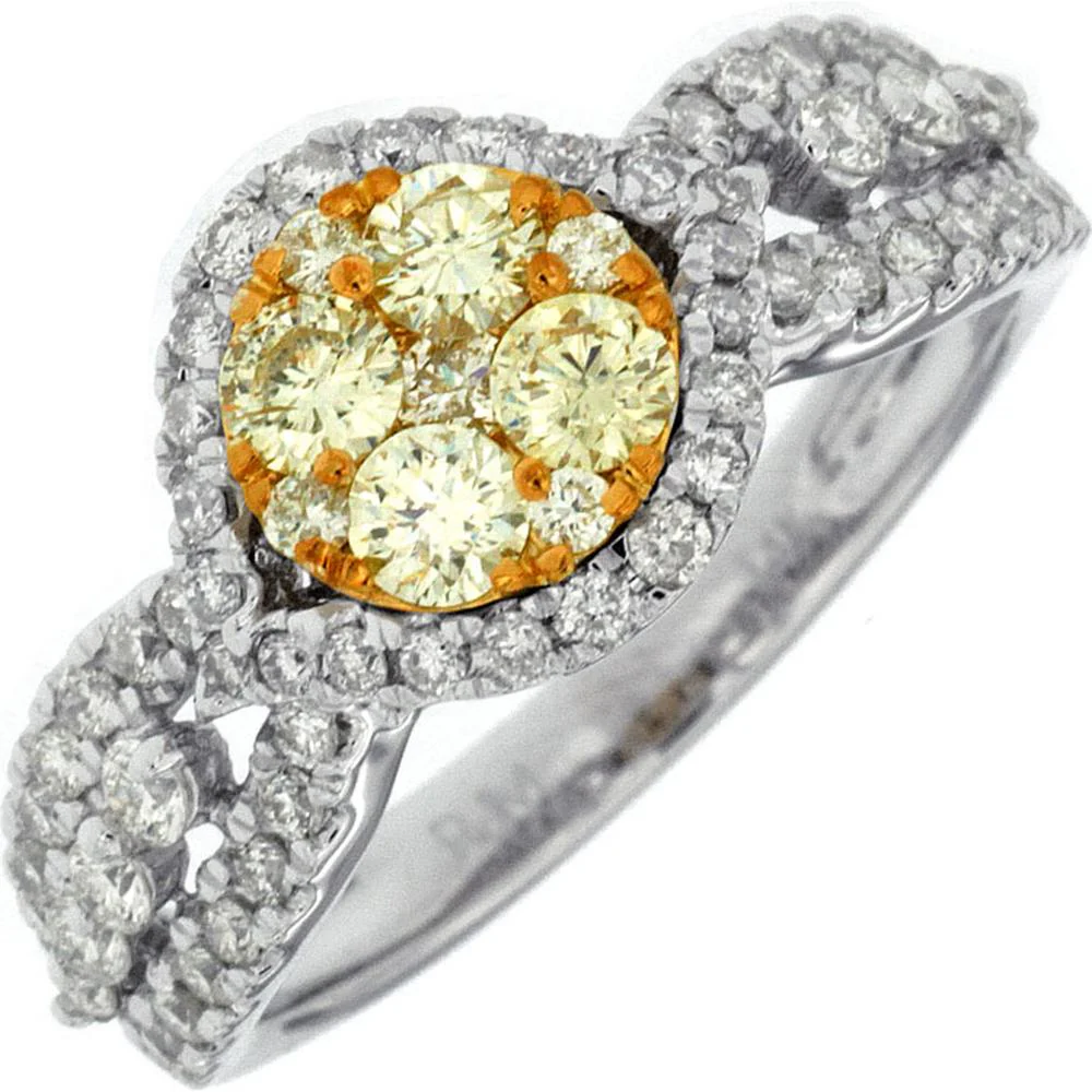 14K White Gold Halo Ring with Round Yellow Diamonds and White Diamonds - 0.74 Carat Yellow Diamond Weight and 0.49 Carat Diamond Weight - Royal Jewelry