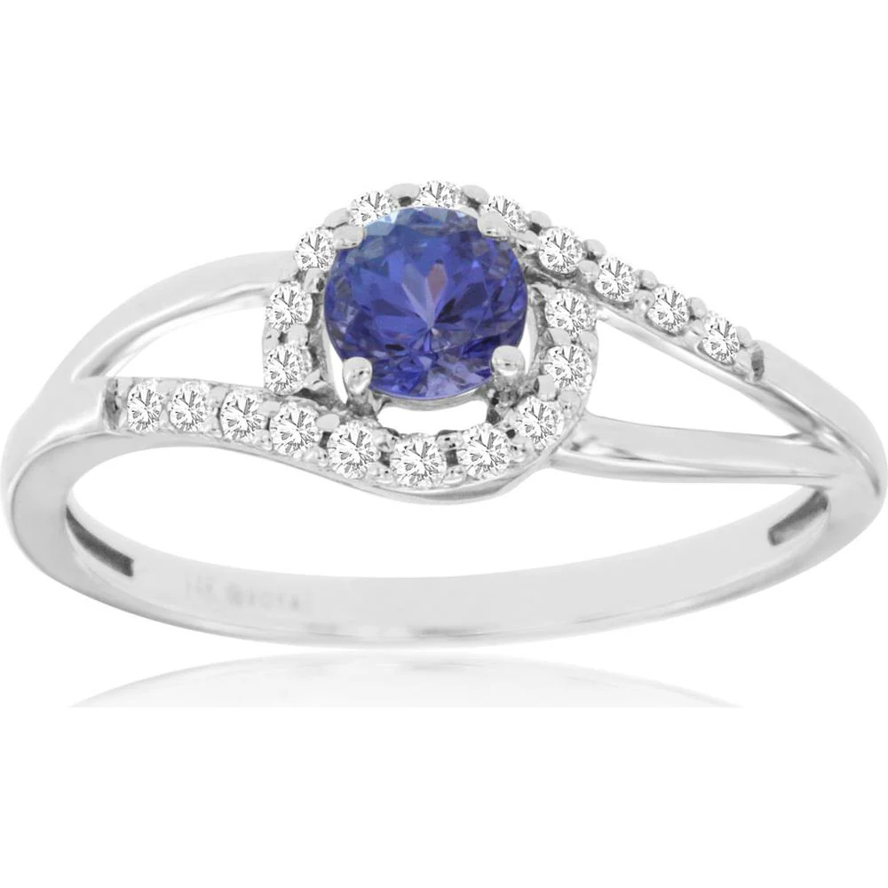 14K White Gold Halo Split Shank Ring with 0.38 Carat Round Tanzanite and 0.17 Carat Total Weight Pavé Diamonds - Royal Jewelry