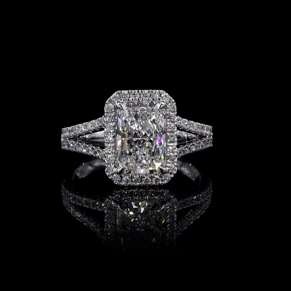 14K White Gold Halo Split Shank Ring with 7.04 Carat Radiant Cut Lab Diamond and 1.02 Carat Diamond Accents - 8.06 Carat Total Weight - Covaloro Fine Jewelry
