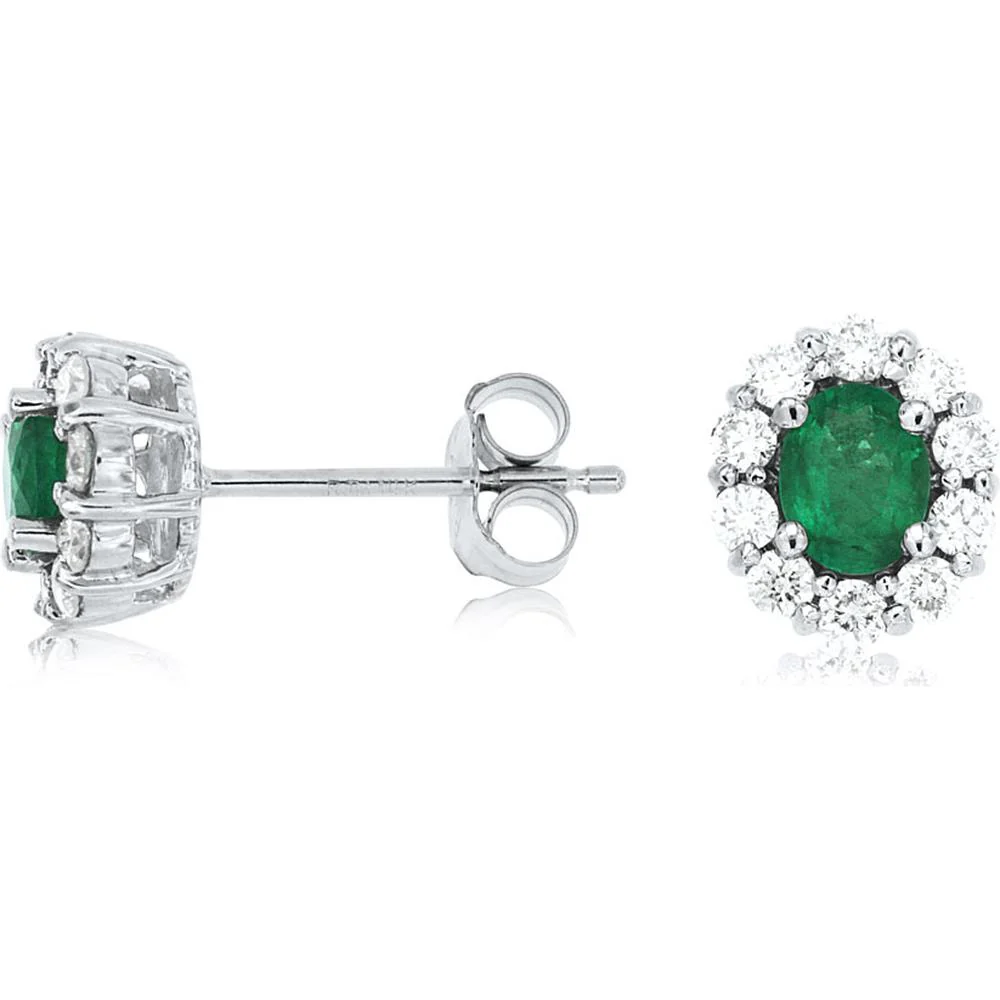 14K White Gold Halo Stud Earrings with Oval Cut Emeralds and Round Diamonds - 0.70 Carat Emerald Total Weight, 0.45 Carat Diamond Total Weight - Royal Jewelry