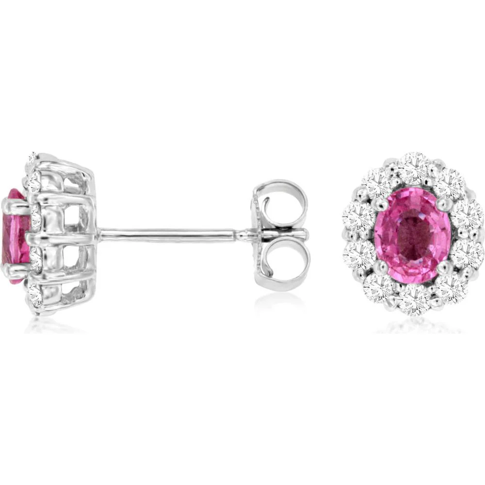 14K White Gold Halo Stud Earrings with Oval Cut Pink Sapphire and Round Diamond Accents - 0.90 Carat Total Sapphire Weight, 0.45 Carat Total Diamond Weight - Royal Jewelry