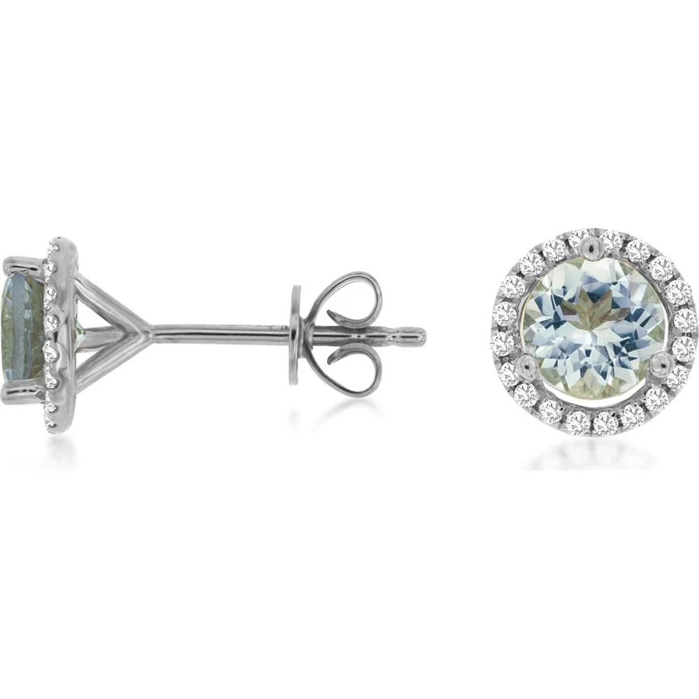 14K White Gold Halo Stud Earrings with Round Aquamarine and Diamond Accents - 1.10 Carat Total Aquamarine Weight, 0.16 Carat Total Diamond Weight - Royal Jewelry