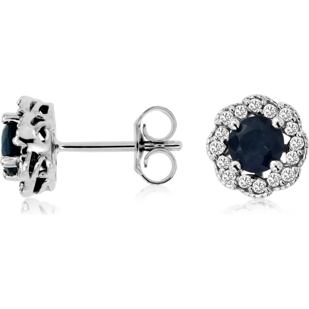 14K White Gold Halo Stud Earrings with Round Blue Sapphires and Round Diamonds - 0.90 Total Sapphire Weight, 0.20 Total Diamond Weight - Royal Jewelry