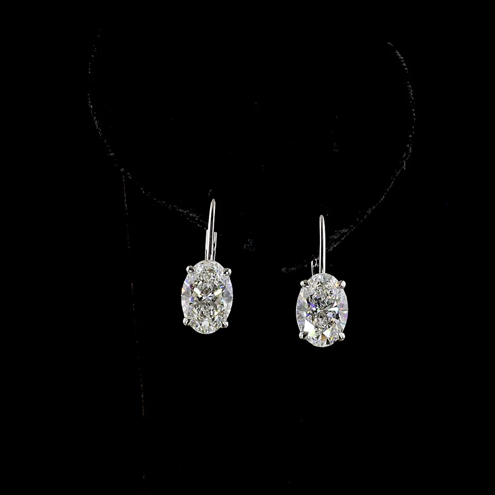 14K White Gold Hanging Drop Earrings with 2.01 Carat Oval Cut Lab Diamonds Each and Round Diamond Accents - 4.16 Carat Total Diamond Weight - Covaloro Fine Jewelry