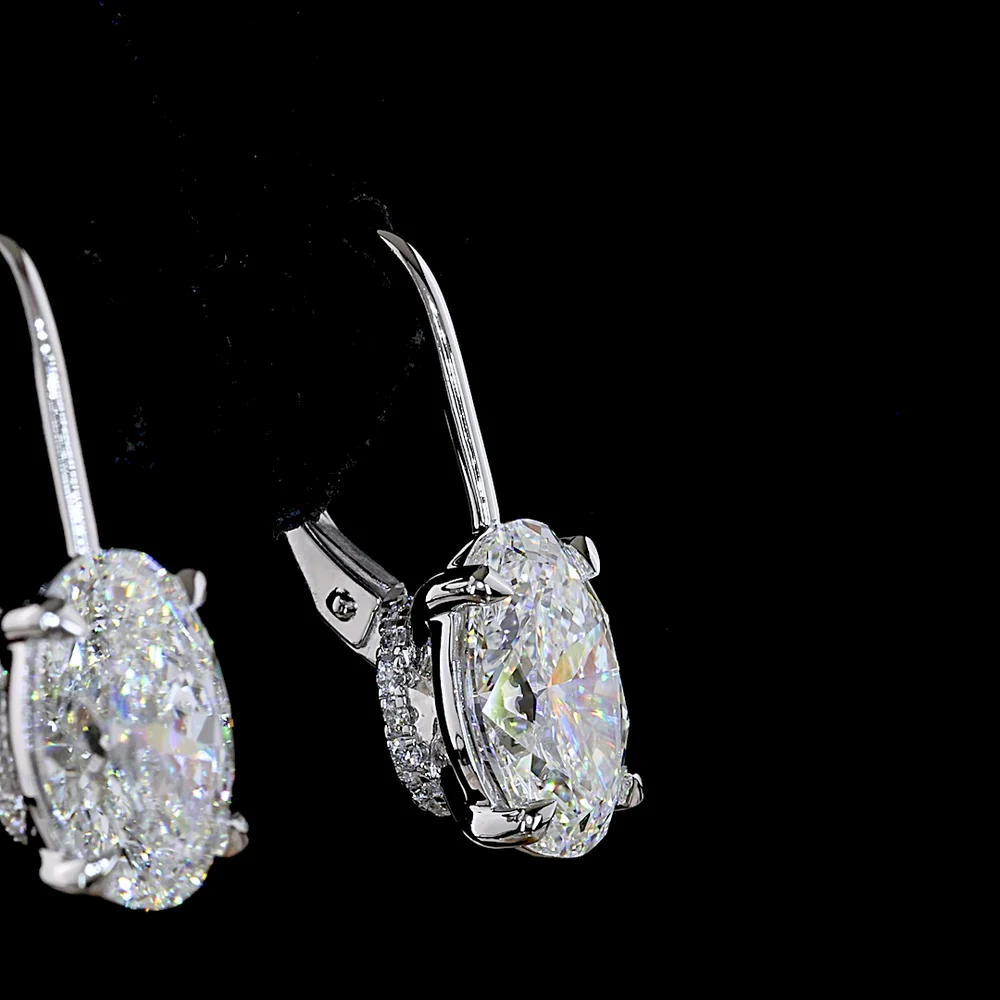14K White Gold Hanging Drop Earrings with 2.01 Carat Oval Cut Lab Diamonds Each and Round Diamond Accents - 4.16 Carat Total Diamond Weight - Covaloro Fine Jewelry - Image 4