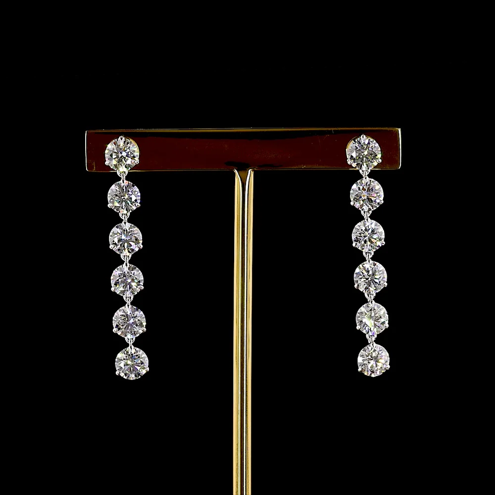 14K White Gold Hanging Earrings with 6.08 Carat Total Weight Round Brilliant Cut Lab Diamonds - E-F Color VS1 Clarity, Prong Set - Covaloro Fine Jewelry