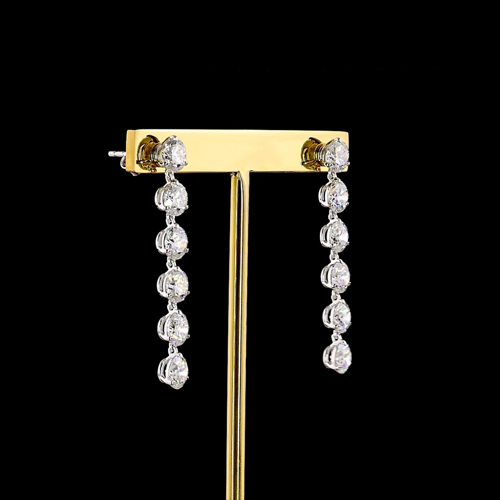 14K White Gold Hanging Earrings with 6.08 Carat Total Weight Round Brilliant Cut Lab Diamonds - E-F Color VS1 Clarity, Prong Set - Covaloro Fine Jewelry - Image 3