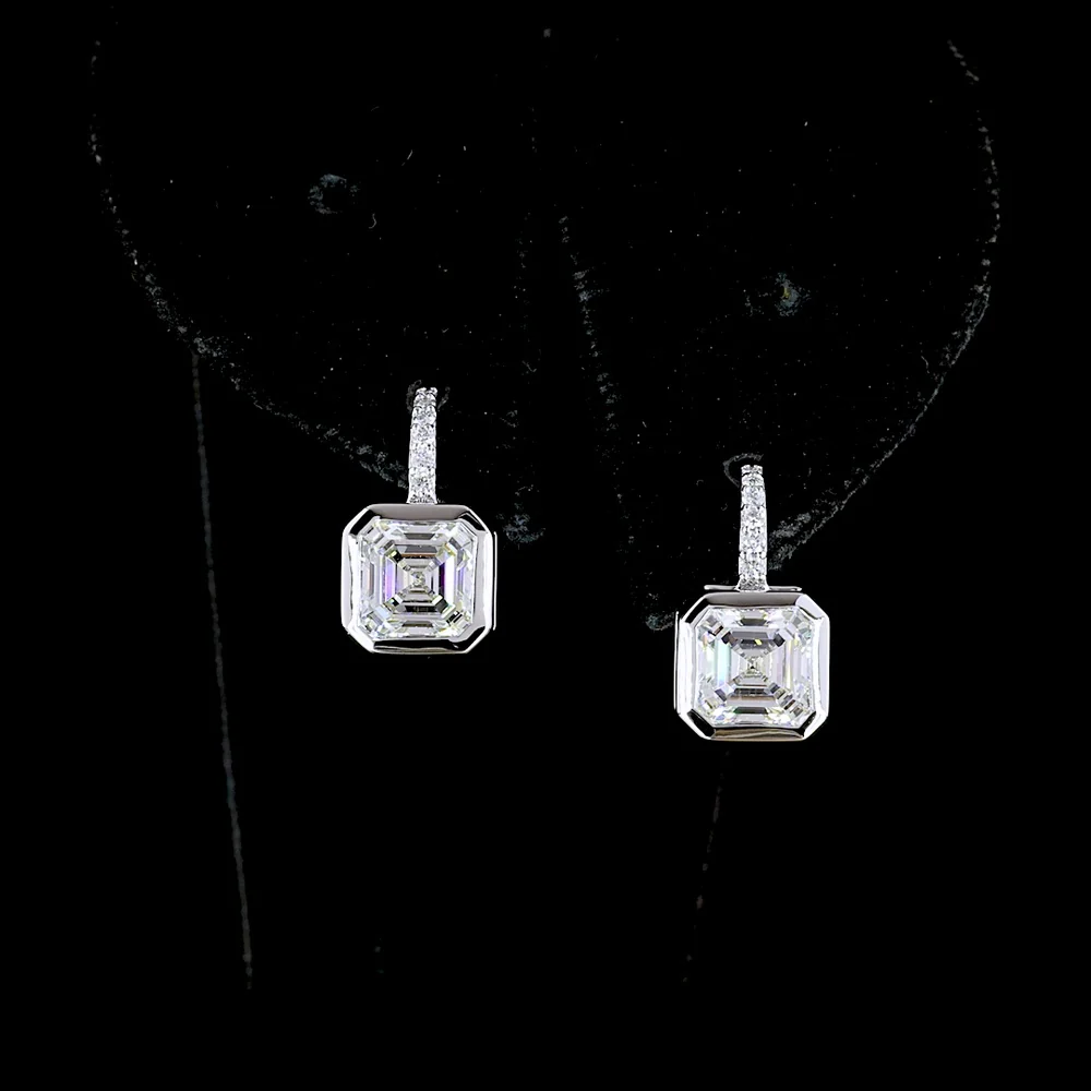 14K White Gold Hanging Earrings with Bezel Set Asscher Cut Lab Diamonds and Brilliant Round Accents - 3.18 Carats Total Diamond Weight - Covaloro Fine Jewelry - Image 2