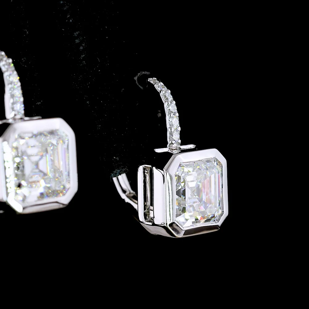 14K White Gold Hanging Earrings with Bezel Set Asscher Cut Lab Diamonds and Brilliant Round Accents - 3.18 Carats Total Diamond Weight - Covaloro Fine Jewelry - Image 3