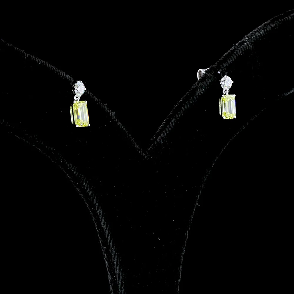 14K White Gold Hanging Earrings with Round Brilliant and Emerald Cut Fancy Vivid Yellow Lab Diamonds - 1.14 Carat Total Weight - Covaloro Fine Jewelry - Image 4