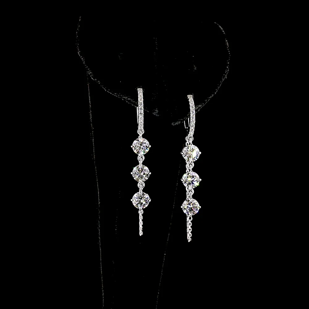14K White Gold Hanging Earrings with Round Brilliant Cut Lab Diamonds - 3.24 Carats Total Diamond Weight - Covaloro Fine Jewelry