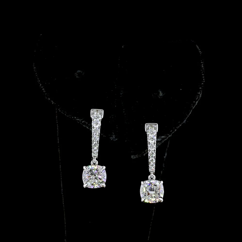 14K White Gold Hanging Hoop Earrings with Cushion Cut Lab Diamonds - 2.64 Carats Total Diamond Weight - Covaloro Fine Jewelry - Image 2