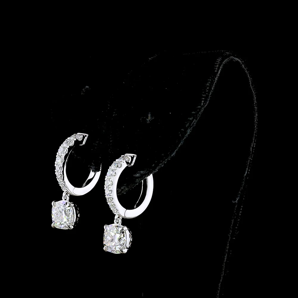 14K White Gold Hanging Hoop Earrings with Cushion Cut Lab Diamonds - 2.64 Carats Total Diamond Weight - Covaloro Fine Jewelry - Image 3